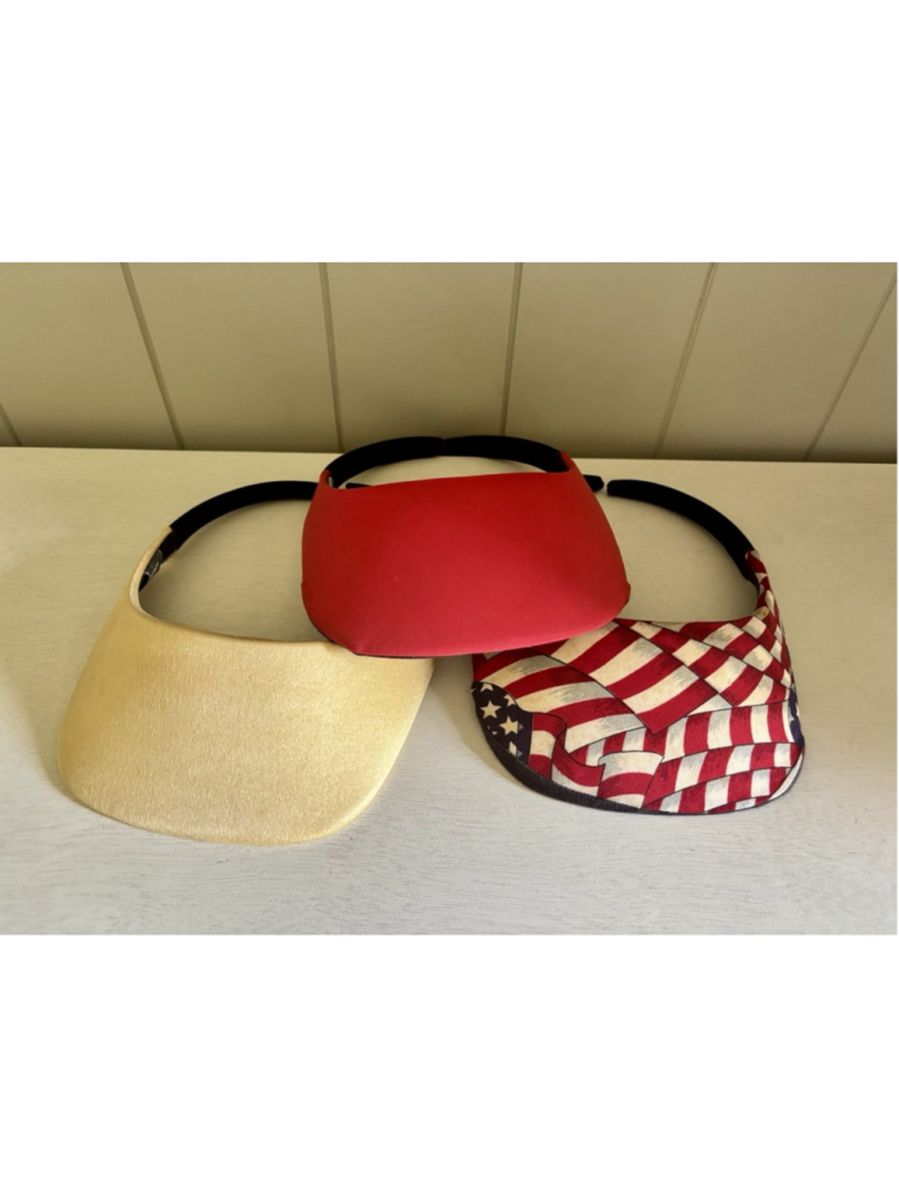 Lot Of 3 No Headache Sun Visor Square Brim Hat Women’s Vintage USA, Red, Gold